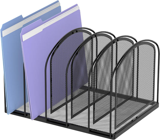 5-Section File Organizer for Desk, Metal File Folder Holder, Black