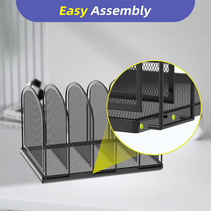 5-Section File Organizer for Desk, Metal File Folder Holder, Black