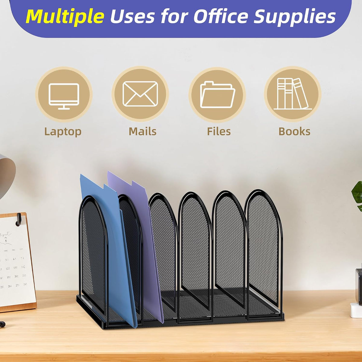 5-Section File Organizer for Desk, Metal File Folder Holder, Black