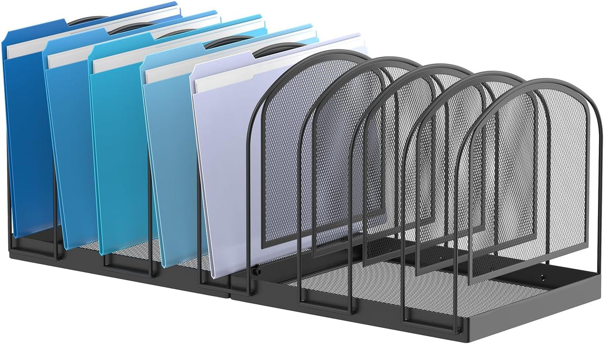 5-Section File Organizer for Desk, Metal File Folder Holder, Black