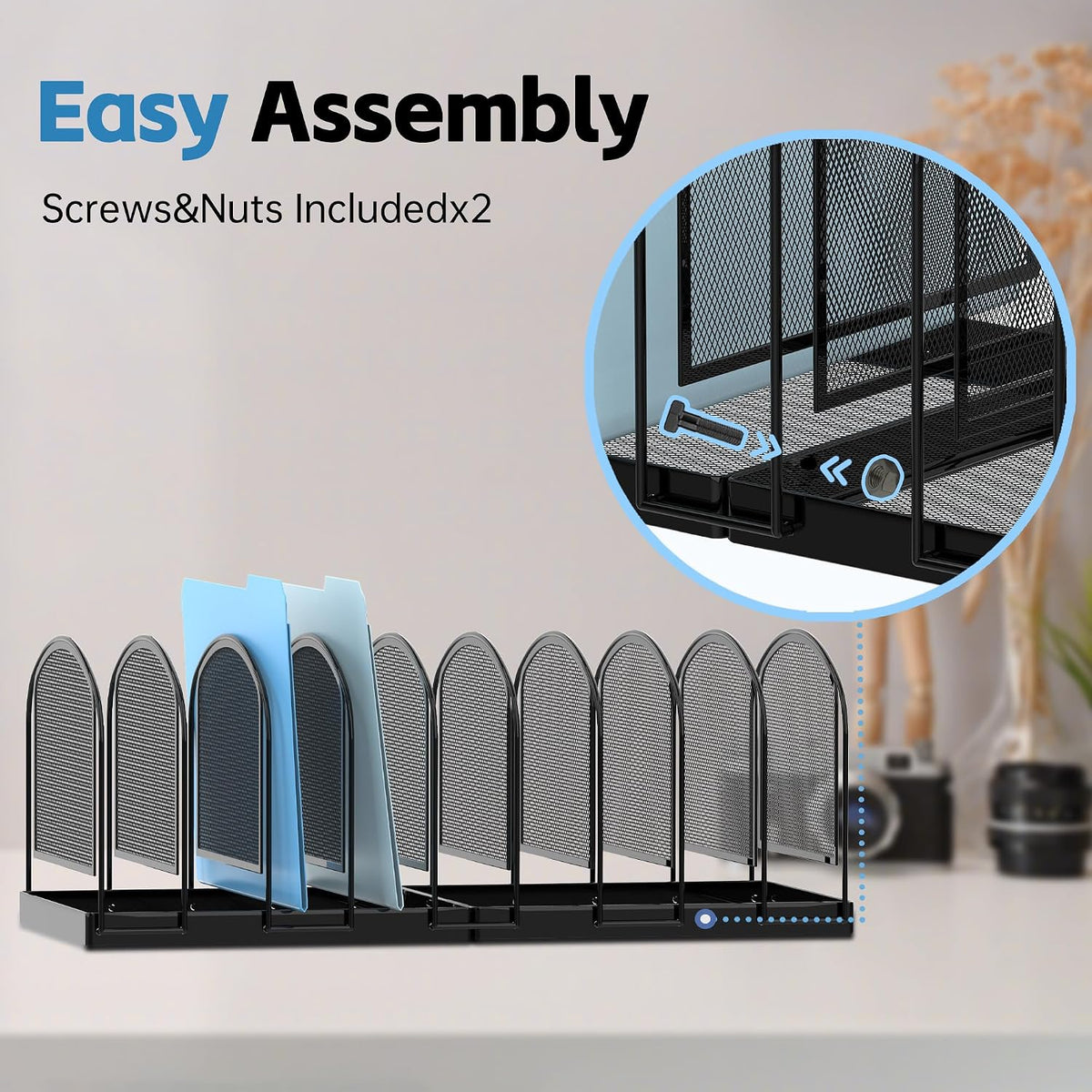 5-Section File Organizer for Desk, Metal File Folder Holder, Black