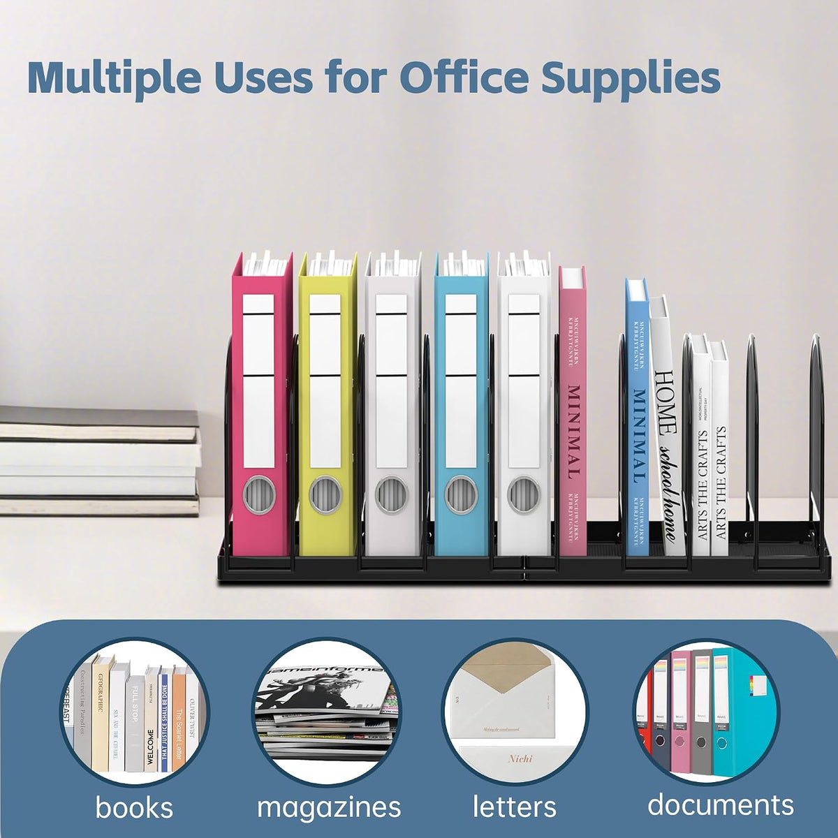 5-Section File Organizer for Desk, Metal File Folder Holder, Black