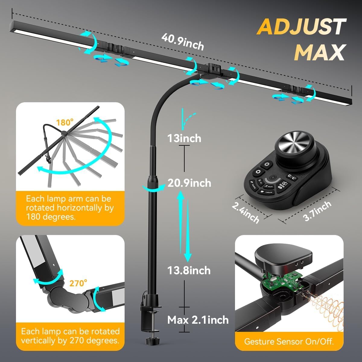Adjustable LED Desk Lamp with Clamp & Remote, Wide 4-Head