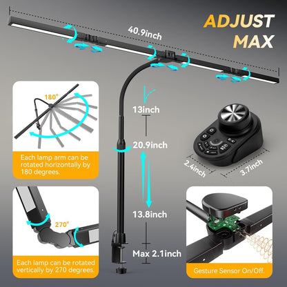 Adjustable LED Desk Lamp with Clamp & Remote, Wide 4-Head