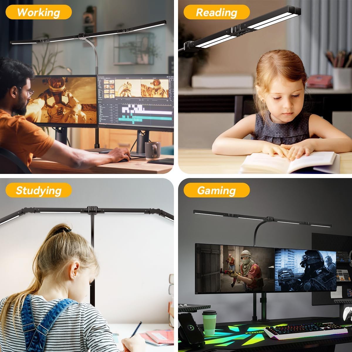 Adjustable LED Desk Lamp with Clamp & Remote, Wide 4-Head