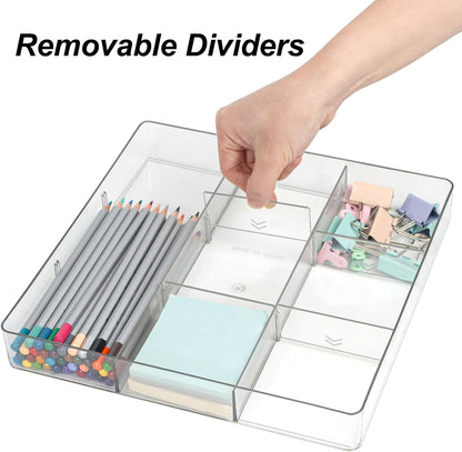 Adjustable Clear Drawer Organizer, Plastic Drawer Divider Tray with Removable 9 Sections for Desk,Bathroom,Office,Makeup,Junk