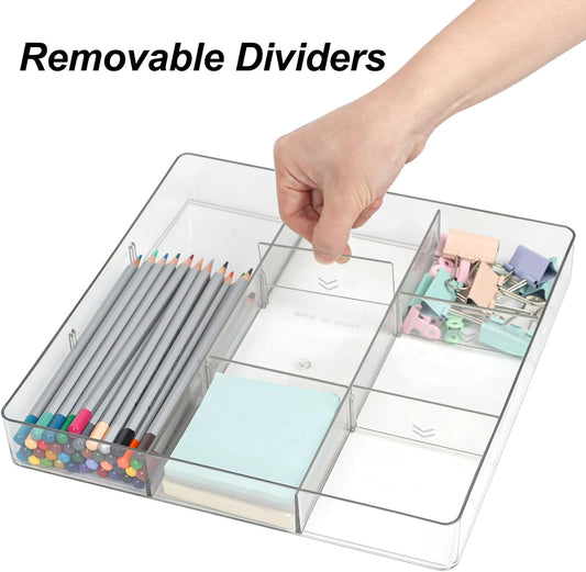 Adjustable Clear Drawer Organizer, Plastic Drawer Divider Tray with Removable 9 Sections for Desk,Bathroom,Office,Makeup,Junk