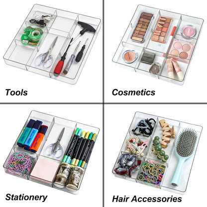Adjustable Clear Drawer Organizer, Plastic Drawer Divider Tray with Removable 9 Sections for Desk,Bathroom,Office,Makeup,Junk