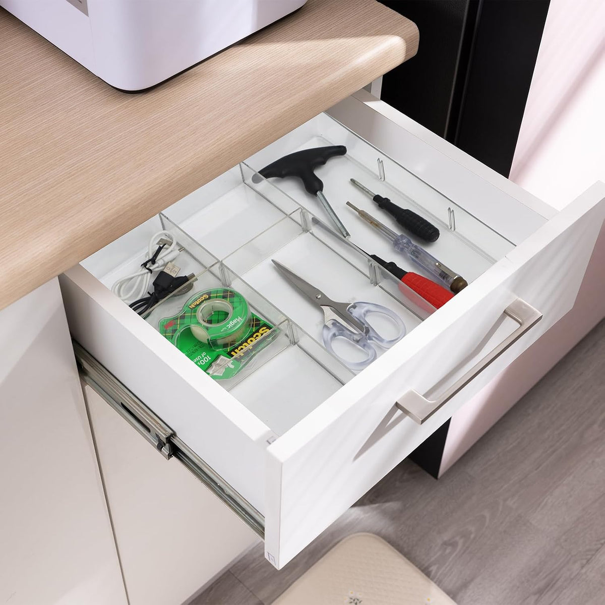 Adjustable Clear Drawer Organizer, Plastic Drawer Divider Tray with Removable 9 Sections for Desk,Bathroom,Office,Makeup,Junk