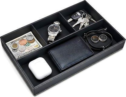 Leather Valet Organizer Nightstand & Dresser Storage Tray (Black)