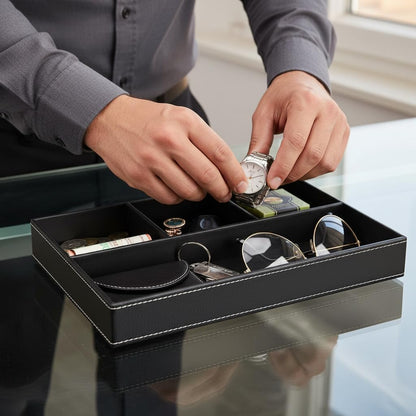 Leather Valet Organizer Nightstand & Dresser Storage Tray (Black)
