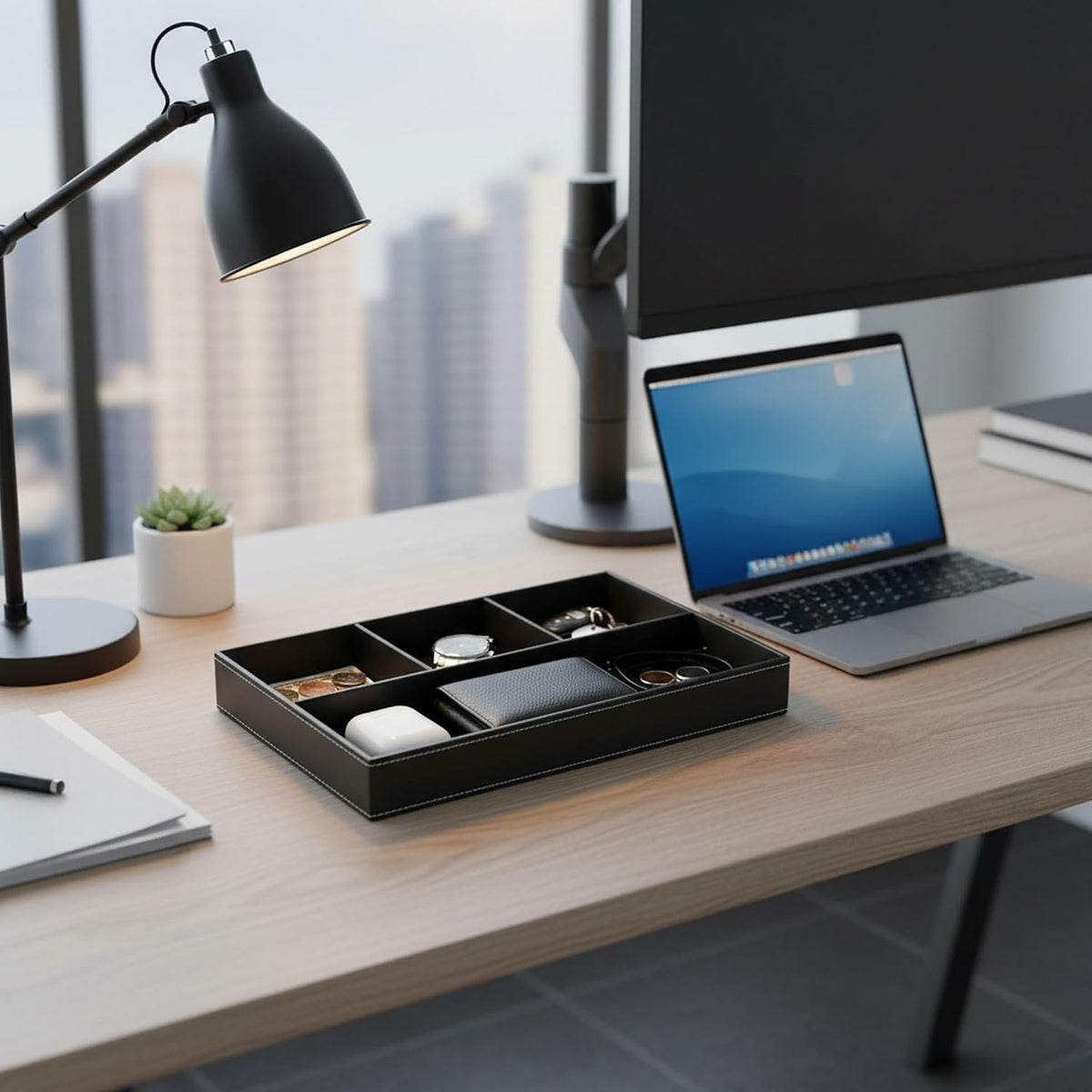 Leather Valet Organizer Nightstand & Dresser Storage Tray (Black)