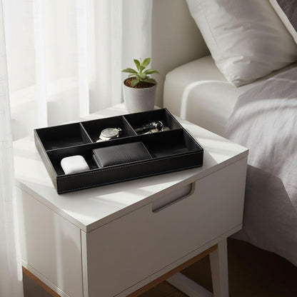 Leather Valet Organizer Nightstand & Dresser Storage Tray (Black)
