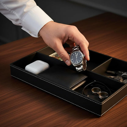 Leather Valet Organizer Nightstand & Dresser Storage Tray (Black)