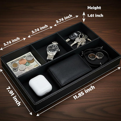 Leather Valet Organizer Nightstand & Dresser Storage Tray (Black)