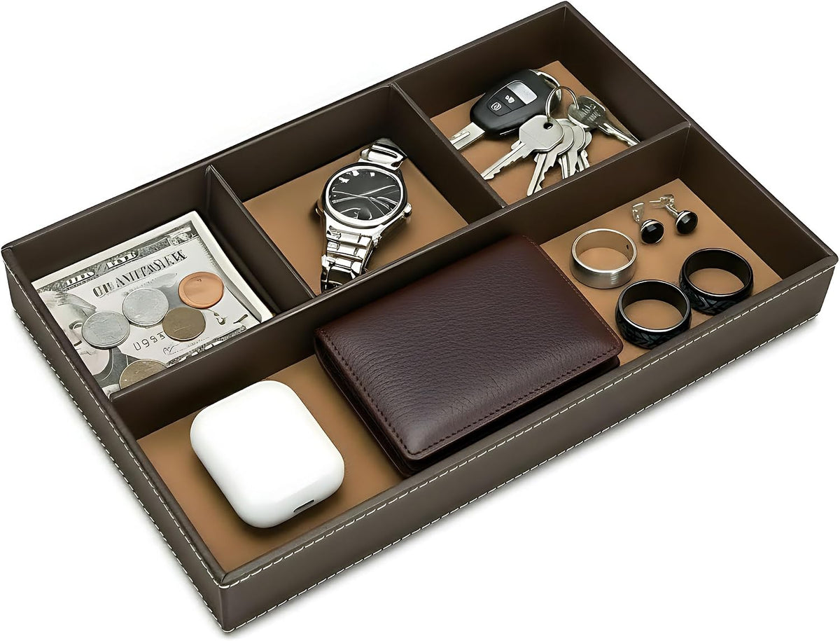 Leather Valet Organizer Nightstand & Dresser Storage Tray (Black)