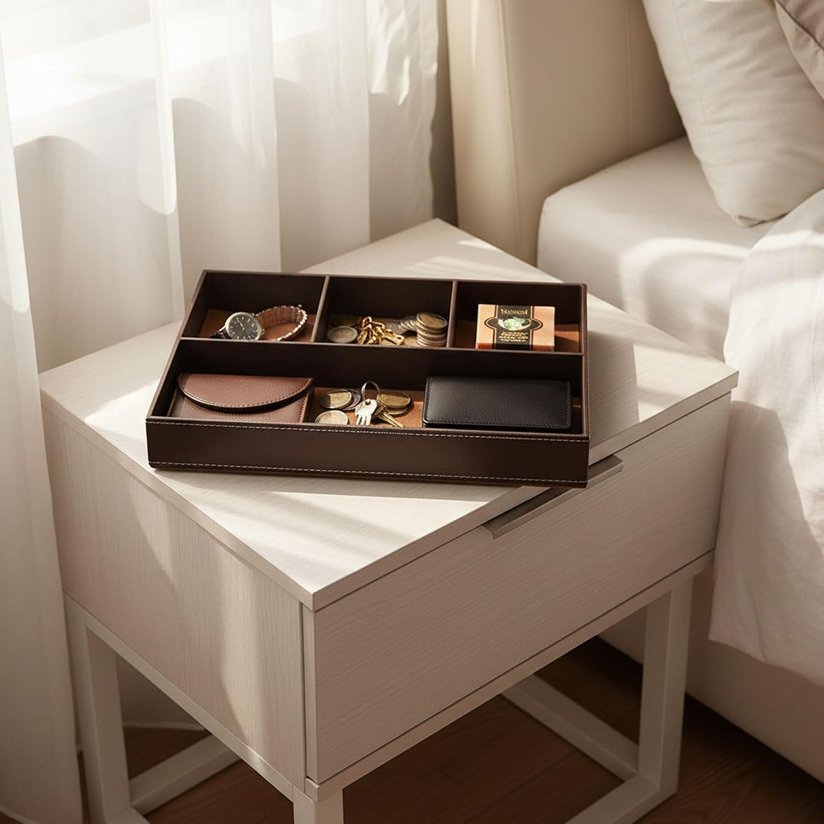 Leather Valet Organizer Nightstand & Dresser Storage Tray (Black)