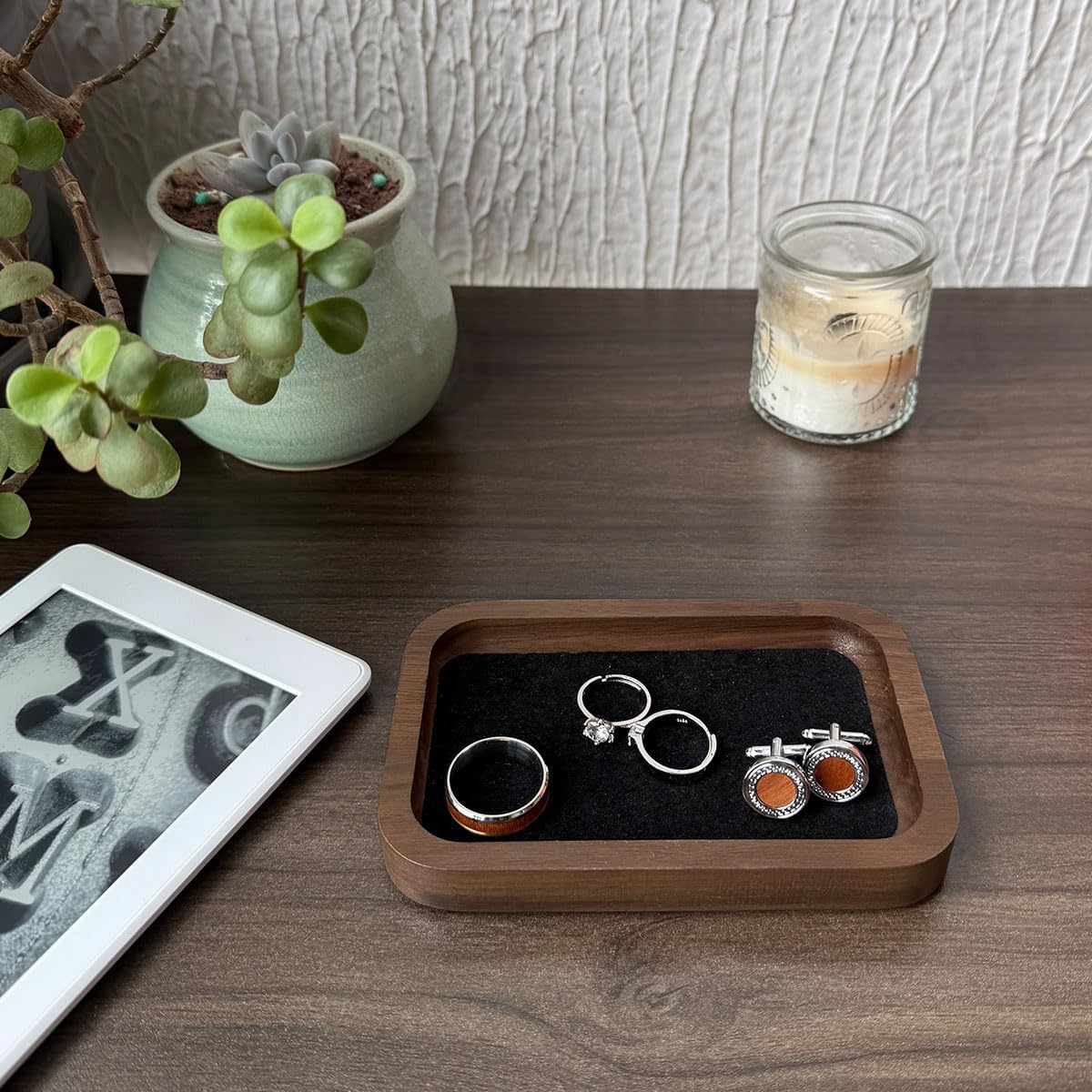 Walnut Wood Jewelry Valet Tray Velvet Lined Ring Watch Dish Holder 5.3"