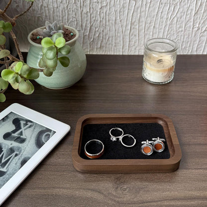 Walnut Wood Jewelry Valet Tray Velvet Lined Ring Watch Dish Holder 5.3"