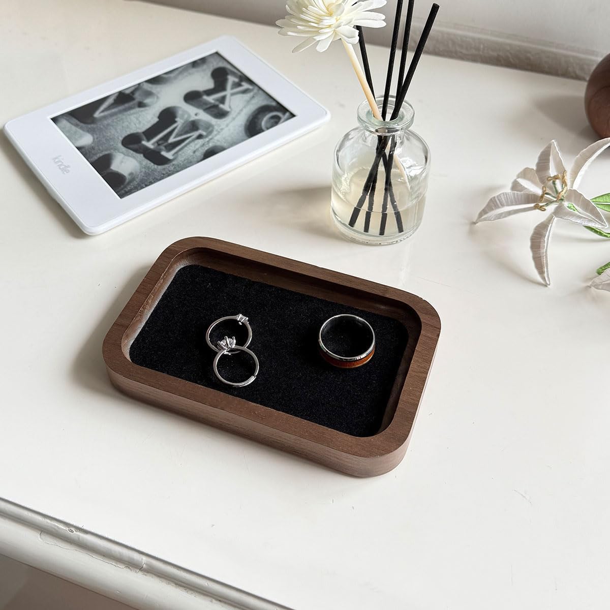 Walnut Wood Jewelry Valet Tray Velvet Lined Ring Watch Dish Holder 5.3"