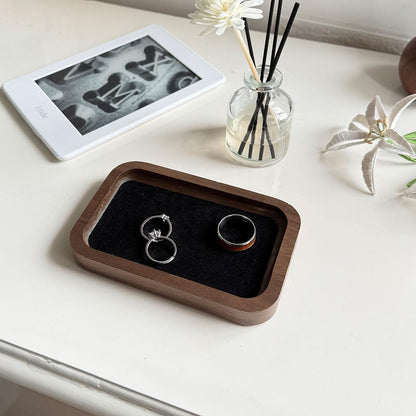 Walnut Wood Jewelry Valet Tray Velvet Lined Ring Watch Dish Holder 5.3"