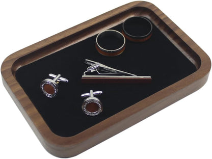 Walnut Wood Jewelry Valet Tray Velvet Lined Ring Watch Dish Holder 5.3"
