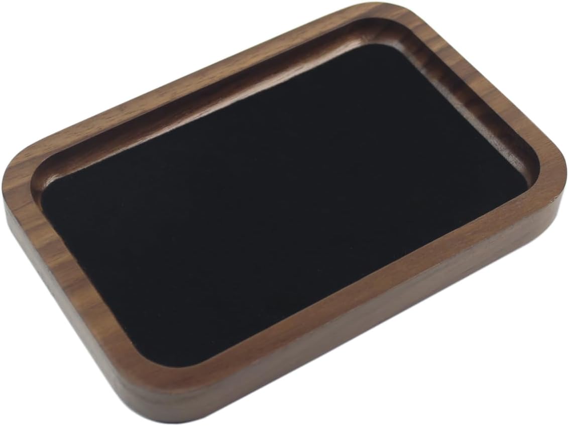 Walnut Wood Jewelry Valet Tray Velvet Lined Ring Watch Dish Holder 5.3"