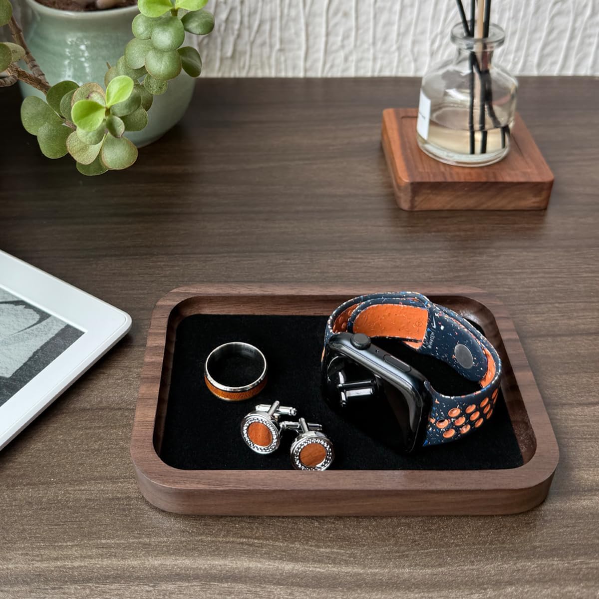 Walnut Wood Jewelry Valet Tray Velvet Lined Ring Watch Dish Holder 5.3"