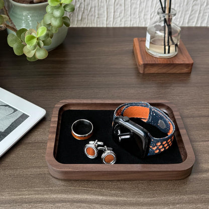 Walnut Wood Jewelry Valet Tray Velvet Lined Ring Watch Dish Holder 5.3"