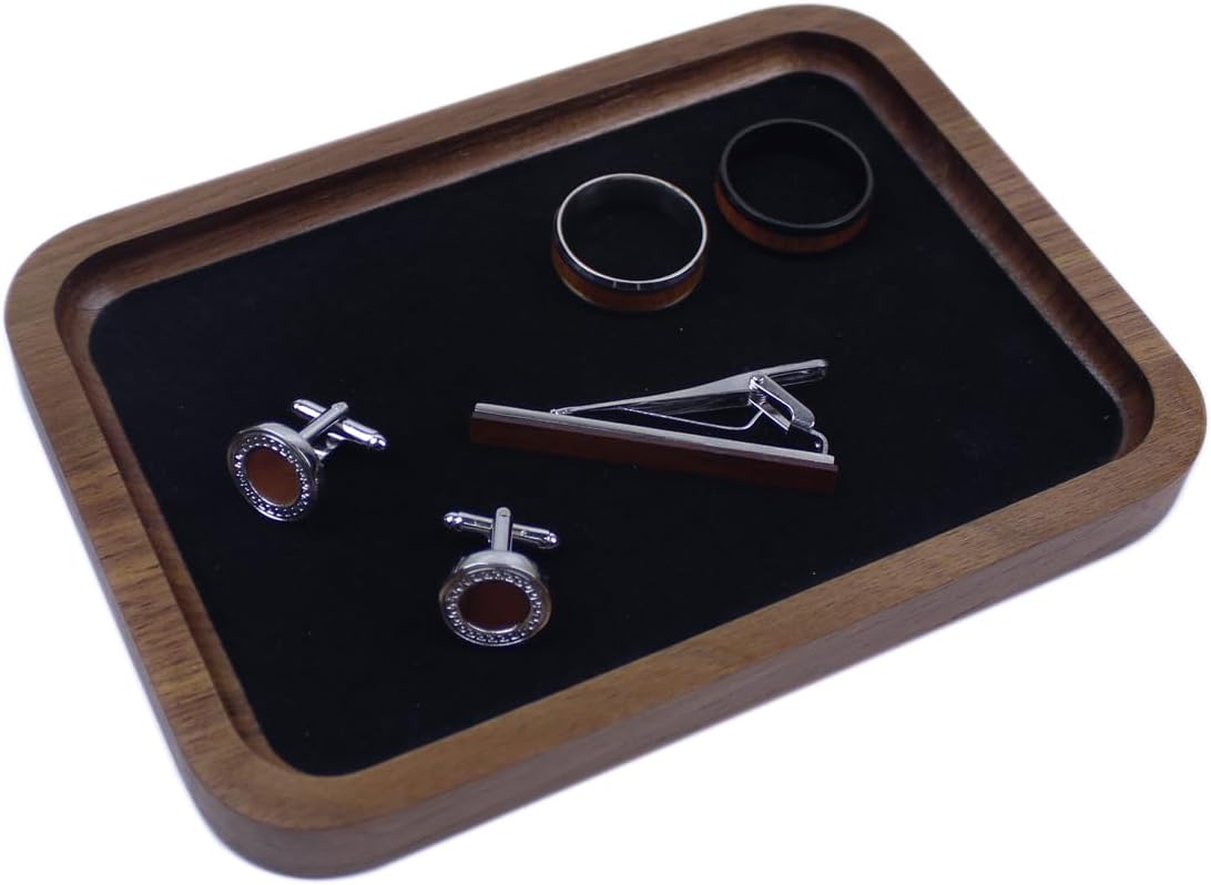 Walnut Wood Jewelry Valet Tray Velvet Lined Ring Watch Dish Holder 5.3"