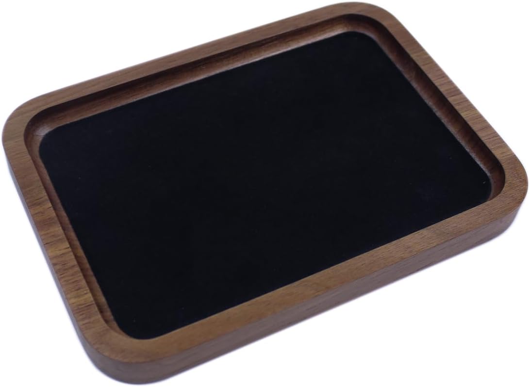 Walnut Wood Jewelry Valet Tray Velvet Lined Ring Watch Dish Holder 5.3"