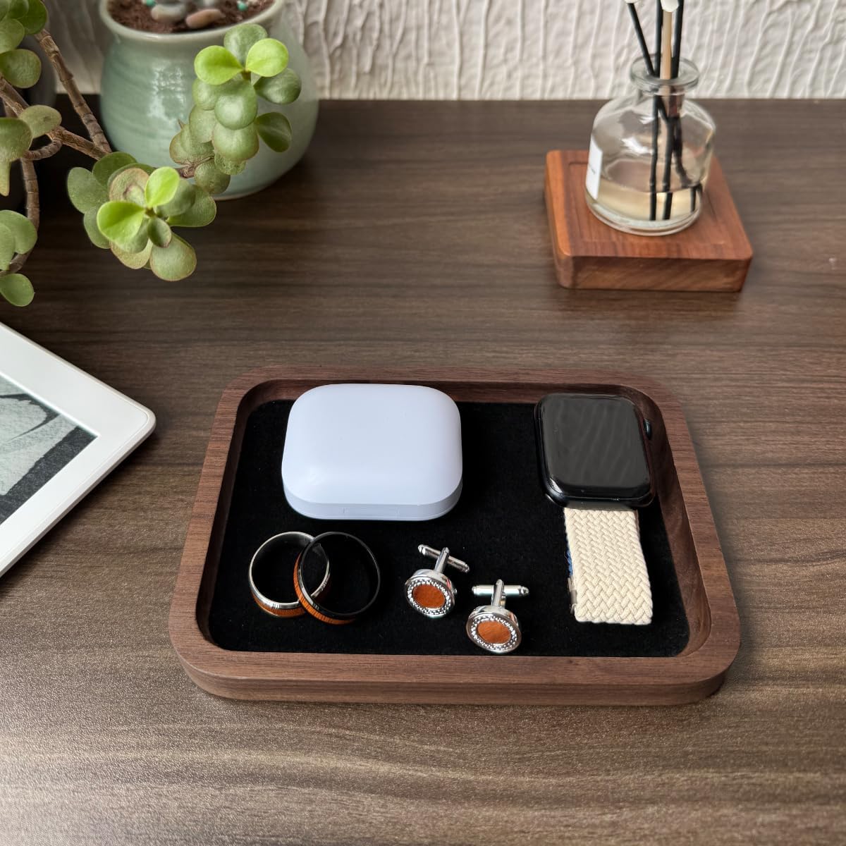 Walnut Wood Jewelry Valet Tray Velvet Lined Ring Watch Dish Holder 5.3"