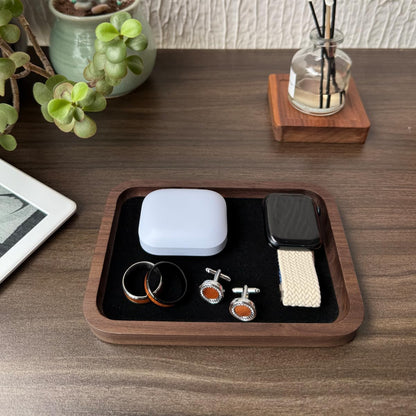 Walnut Wood Jewelry Valet Tray Velvet Lined Ring Watch Dish Holder 5.3"