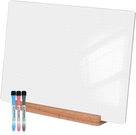 Dry Erase Acrylic Whiteboard 9x12 – White Surface or Dotted Grid – Desktop Writing Board with Wood Base – Reversible Horizontal & Vertical Display (Dotted Grid)