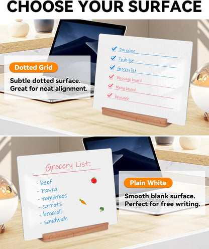 Dry Erase Acrylic Whiteboard 9x12 – White Surface or Dotted Grid – Desktop Writing Board with Wood Base – Reversible Horizontal & Vertical Display (Dotted Grid)