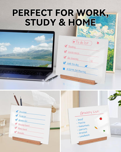 Dry Erase Acrylic Whiteboard 9x12 – White Surface or Dotted Grid – Desktop Writing Board with Wood Base – Reversible Horizontal & Vertical Display (Dotted Grid)
