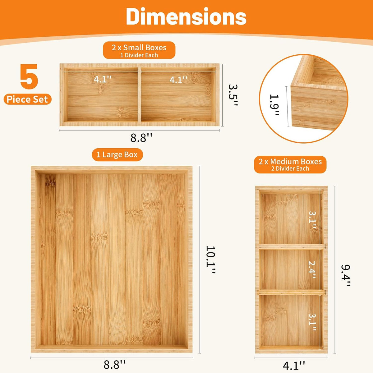 Bamboo Drawer Organizer, 5-Piece Stackable Trays with Removable Dividers