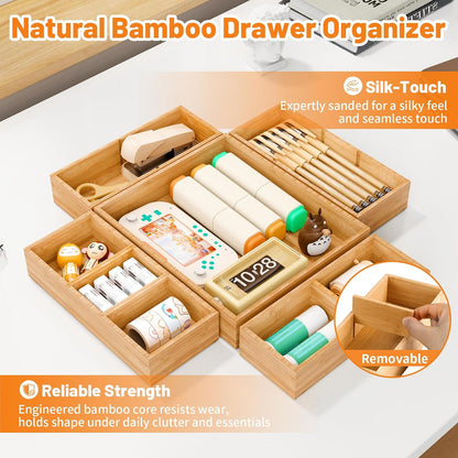 Bamboo Drawer Organizer, 5-Piece Stackable Trays with Removable Dividers