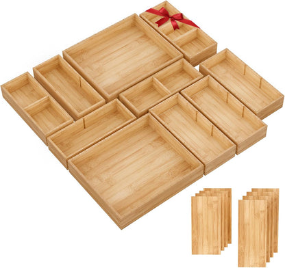 Bamboo Drawer Organizer, 5-Piece Stackable Trays with Removable Dividers
