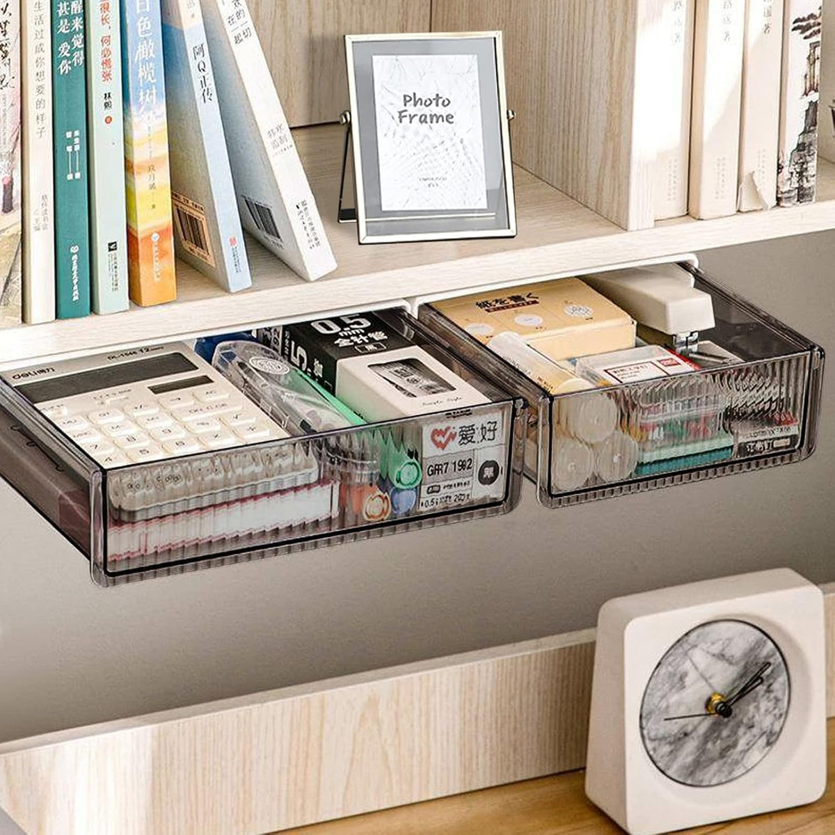 2Pcs Under Desk Storage Drawers Slide Out,Large&Medium, Stick On Desk Drawer Organizer Hidden Under Table Drawer for Home Office School Organization and Storage-Transparent Black