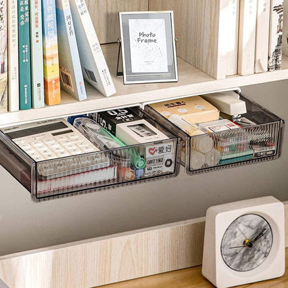 2Pcs Under Desk Storage Drawers Slide Out,Large&Medium, Stick On Desk Drawer Organizer Hidden Under Table Drawer for Home Office School Organization and Storage-Transparent Black