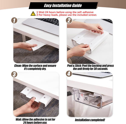 2Pcs Under Desk Storage Drawers Slide Out,Large&Medium, Stick On Desk Drawer Organizer Hidden Under Table Drawer for Home Office School Organization and Storage-Transparent Black