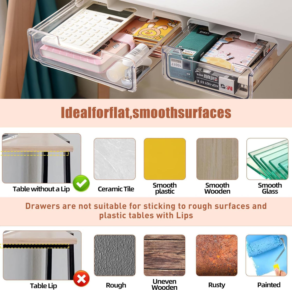 2Pcs Under Desk Storage Drawers Slide Out,Large&Medium, Stick On Desk Drawer Organizer Hidden Under Table Drawer for Home Office School Organization and Storage-Transparent Black