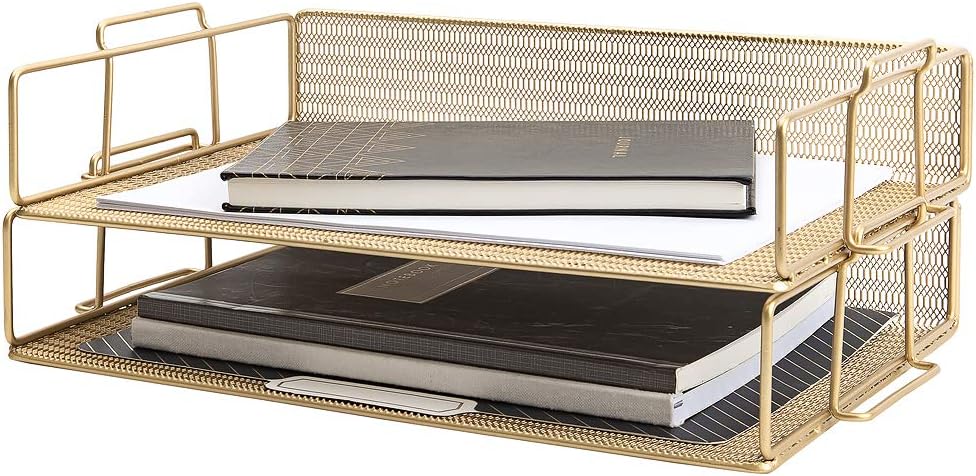 Paper Tray Stackable Gold Mesh Set of 2 | Stackable File Trays for Desk Organization | Tiered Desk Organizer with Metal Letter Trays