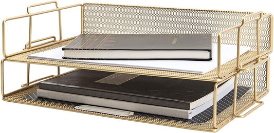 Paper Tray Stackable Gold Mesh Set of 2 | Stackable File Trays for Desk Organization | Tiered Desk Organizer with Metal Letter Trays