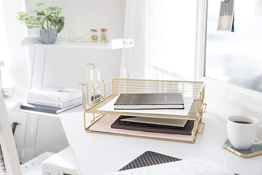 Paper Tray Stackable Gold Mesh Set of 2 | Stackable File Trays for Desk Organization | Tiered Desk Organizer with Metal Letter Trays