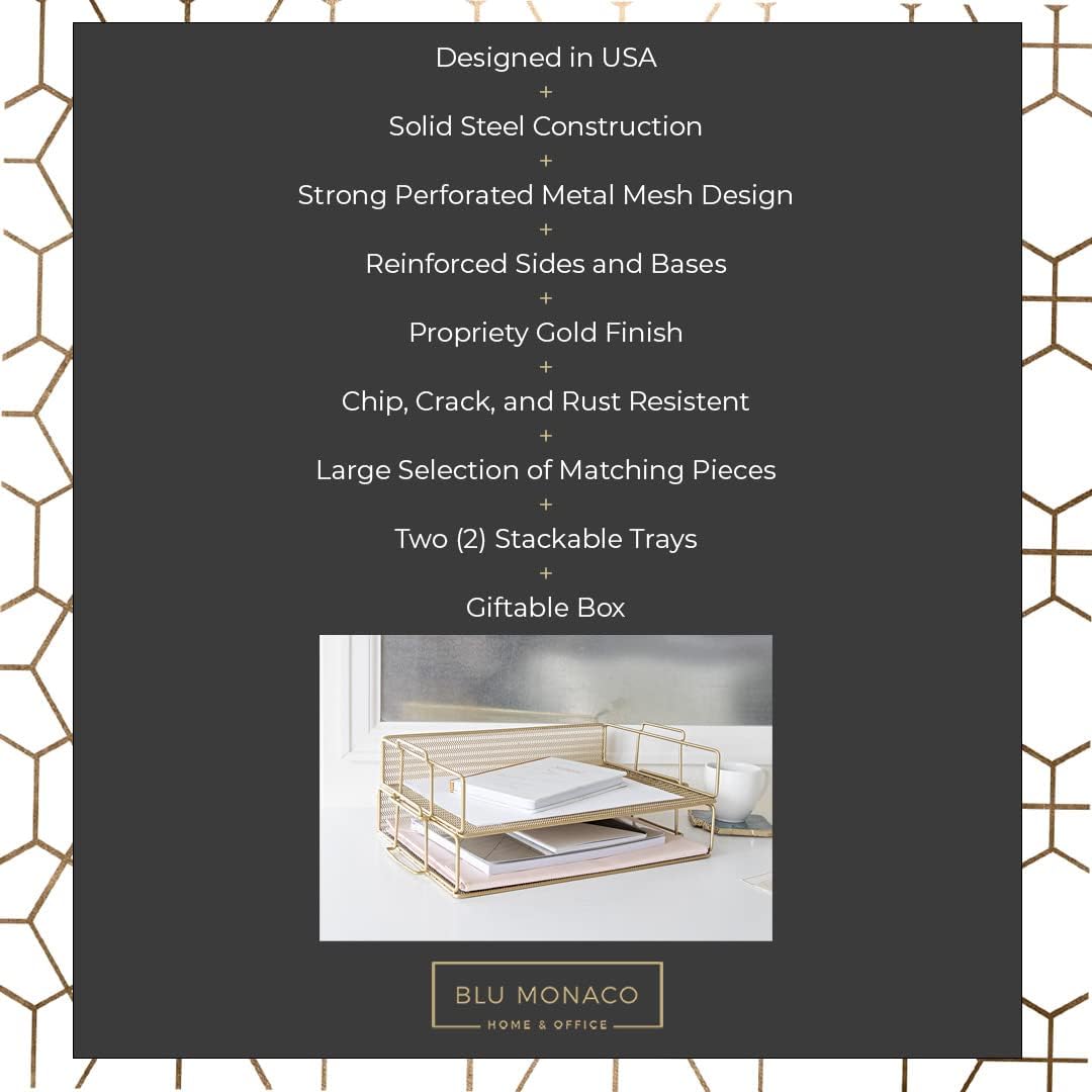 Paper Tray Stackable Gold Mesh Set of 2 | Stackable File Trays for Desk Organization | Tiered Desk Organizer with Metal Letter Trays