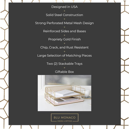 Paper Tray Stackable Gold Mesh Set of 2 | Stackable File Trays for Desk Organization | Tiered Desk Organizer with Metal Letter Trays