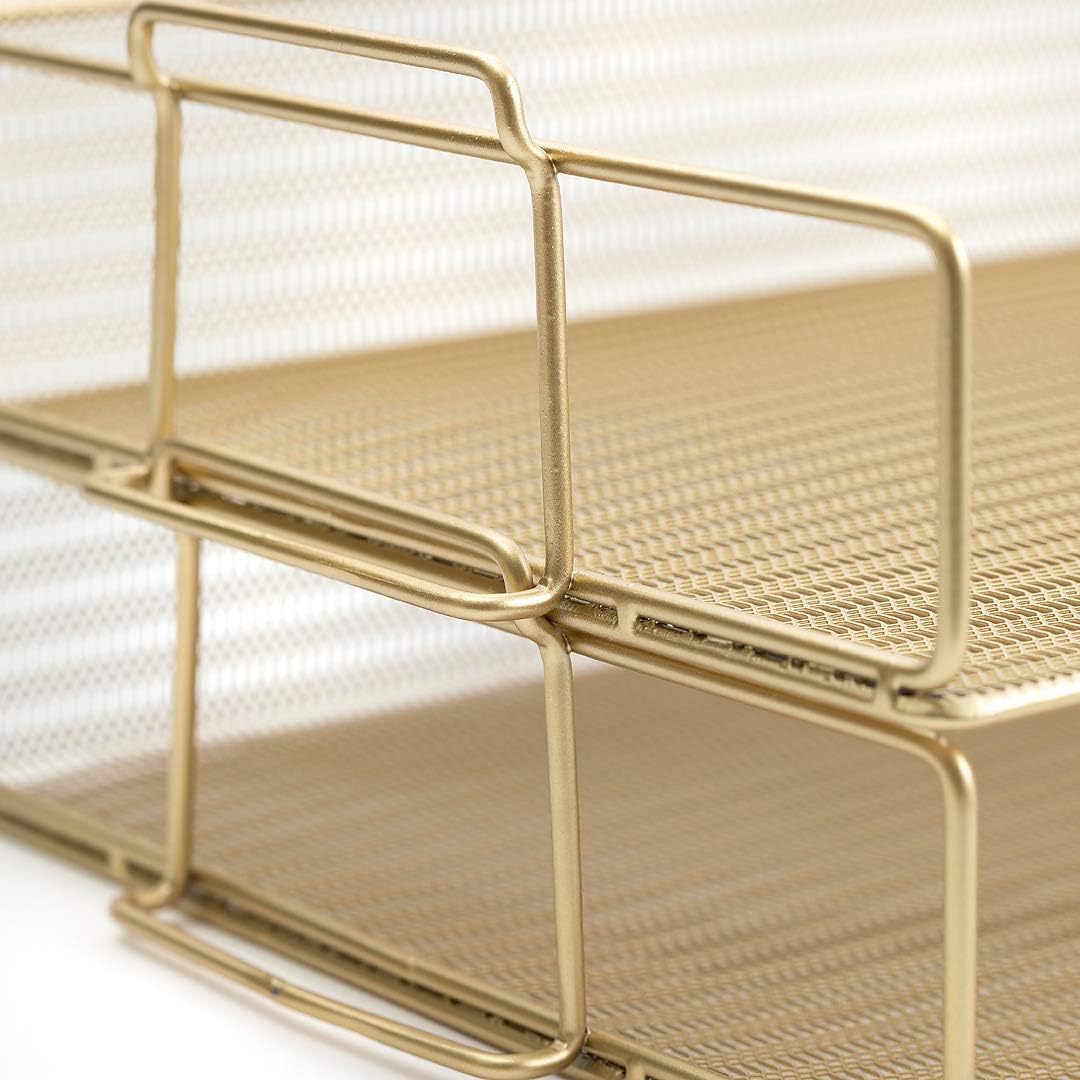 Paper Tray Stackable Gold Mesh Set of 2 | Stackable File Trays for Desk Organization | Tiered Desk Organizer with Metal Letter Trays