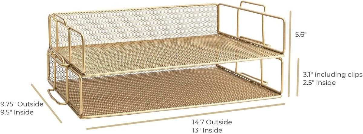Paper Tray Stackable Gold Mesh Set of 2 | Stackable File Trays for Desk Organization | Tiered Desk Organizer with Metal Letter Trays